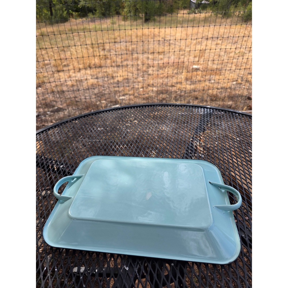 Turquoise Blue Enamelware Serving Tray Rectangular Platter Handles Black Rim - Picture 5 of 6